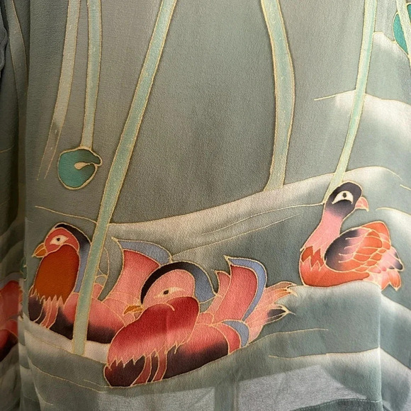 Silk Kimono Top Coverup Open Front Hand Painted Art To Wear Lotus Pond One Size - Picture 6 of 10